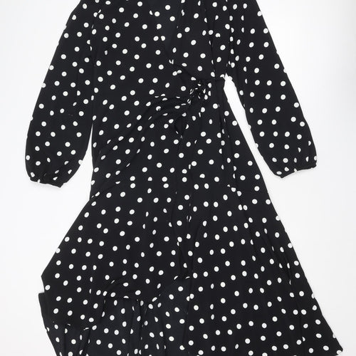 Wallis Womens Black Polka Dot Polyester Wrap Dress Size 14 V-Neck Tie