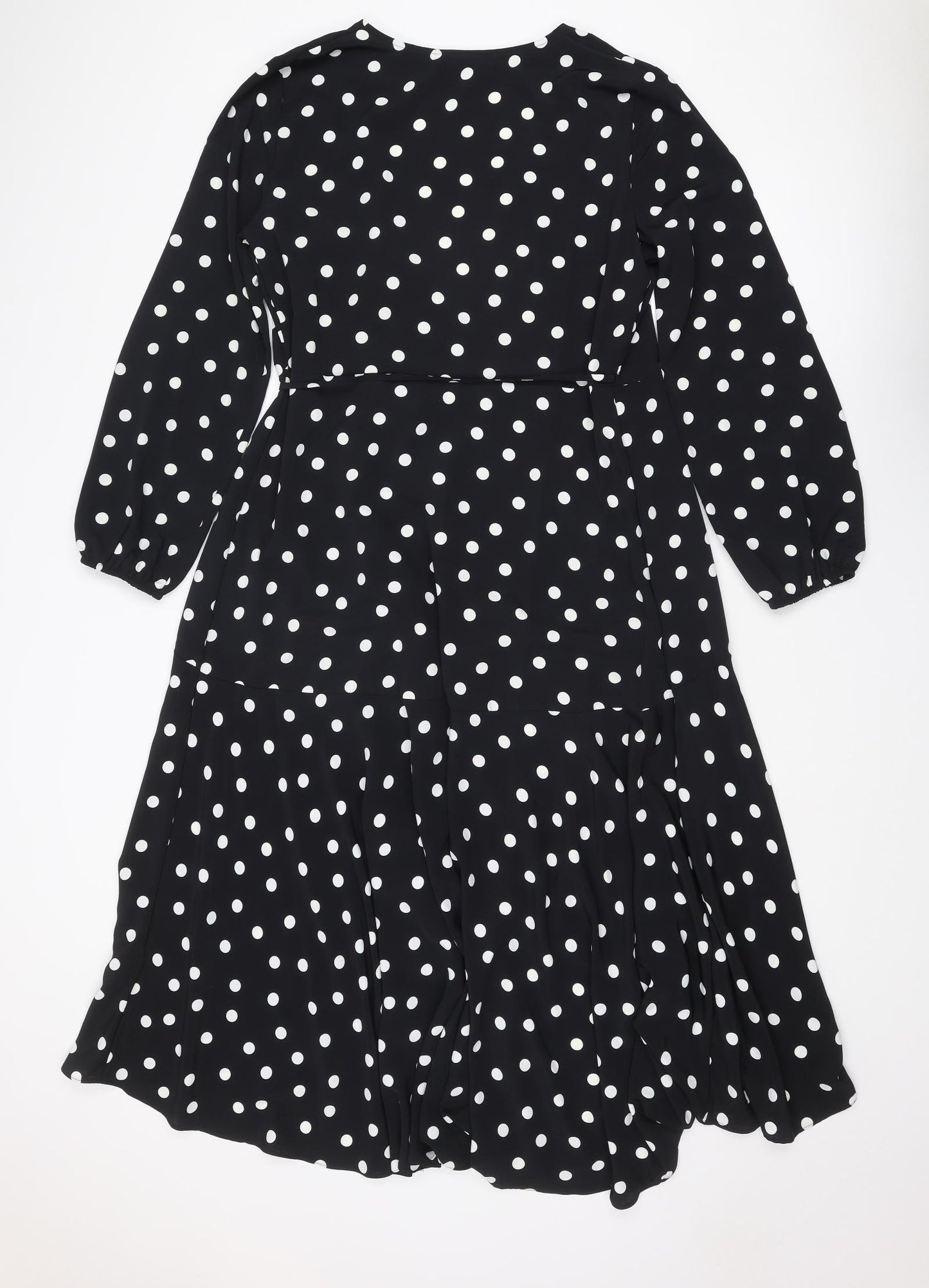 Wallis Womens Black Polka Dot Polyester Wrap Dress Size 14 V-Neck Tie