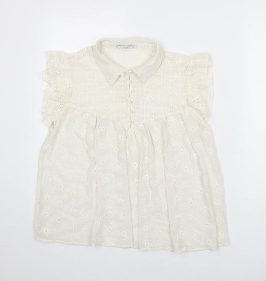 Mango Womens Ivory Polyester Basic Blouse Size M Collared - Broderie Anglaise