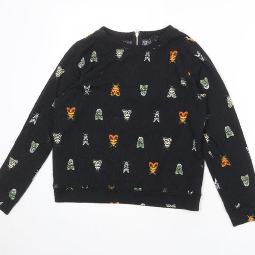 H&M Womens Black Geometric Polyester Pullover Sweatshirt Size XS Zip - Butterfly moth pattern