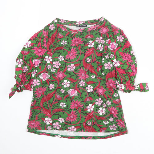 Zara Womens Green Floral 100% Cotton Basic Blouse Size S Round Neck