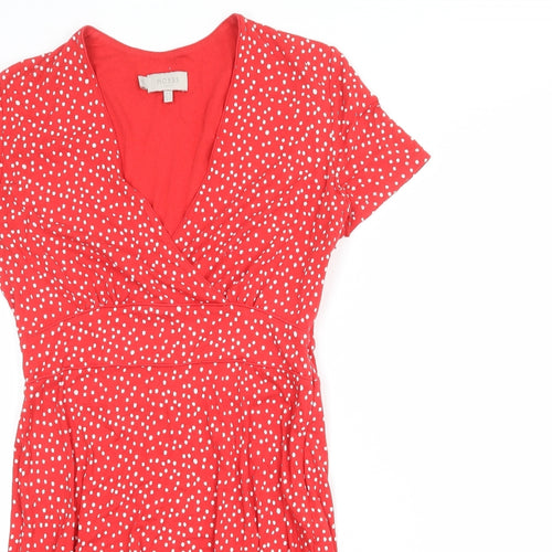 Hobbs Womens Red Polka Dot Viscose A-Line Size 10 V-Neck Zip