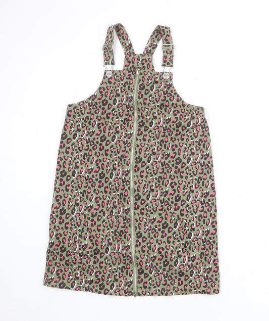 Matalan Girls Green Animal Print 100% Cotton Pinafore/Dungaree Dress Size 12 Years Square Neck Zip - Leopard Print
