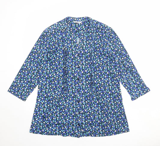Classic Womens Blue Floral Polyester Basic Button-Up Size 14 V-Neck