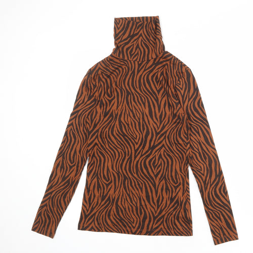 Marks and Spencer Womens Brown Animal Print Acrylic Basic T-Shirt Size 12 Roll Neck - Tiger Print