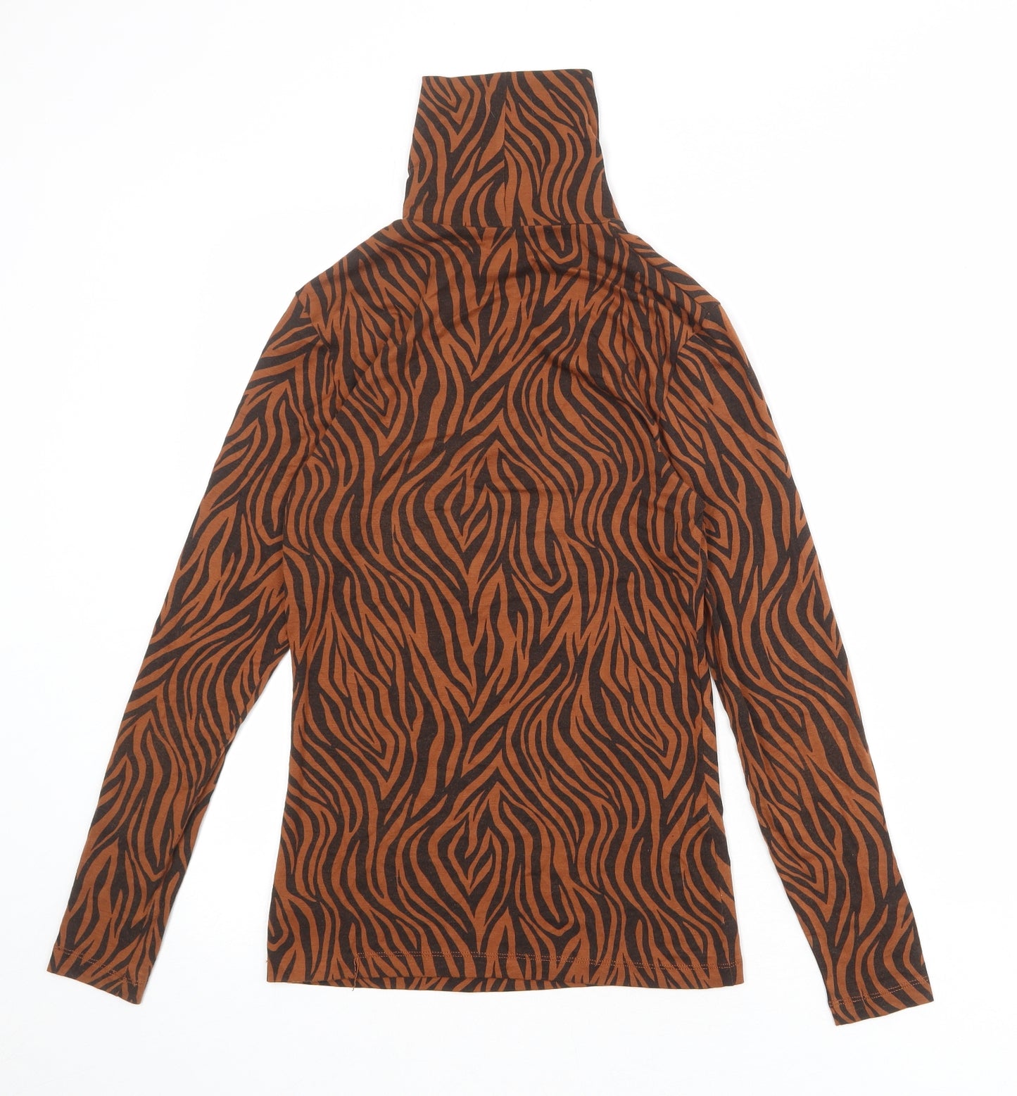 Marks and Spencer Womens Brown Animal Print Acrylic Basic T-Shirt Size 12 Roll Neck - Tiger Print