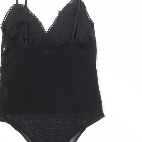 New Look Womens Black Floral Nylon Bodysuit One-Piece Size 8 Snap