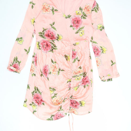 Miss Selfridge Womens Pink Floral Polyester Mini Size 14 V-Neck Zip