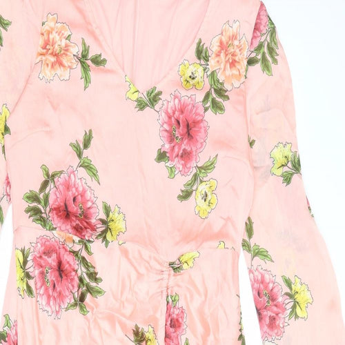 Miss Selfridge Womens Pink Floral Polyester Mini Size 14 V-Neck Zip
