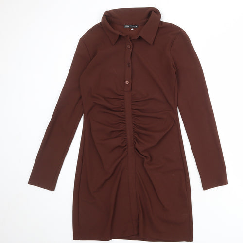 Zara Womens Brown Polyester Bodycon Size M Collared Button