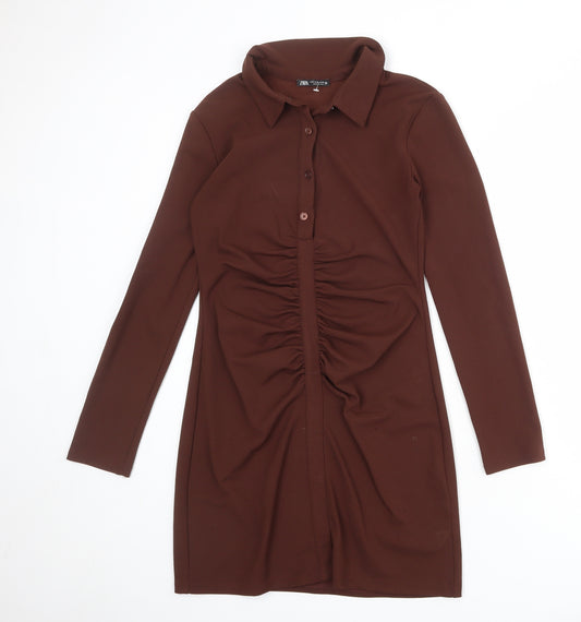 Zara Womens Brown Polyester Bodycon Size M Collared Button