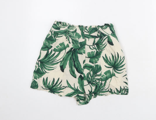 H&M Womens Ivory Floral Viscose Basic Shorts Size 6 Regular Zip - Leaf Pattern