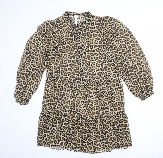 H&M Womens Multicoloured Animal Print Polyester A-Line Size S Round Neck Button - Leopard pattern