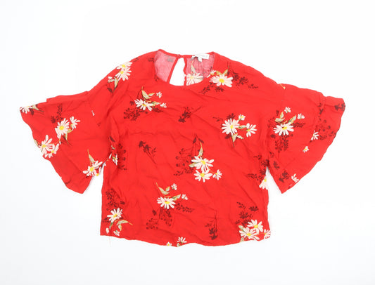 Warehouse Womens Red Floral Viscose Basic Blouse Size 8 Round Neck