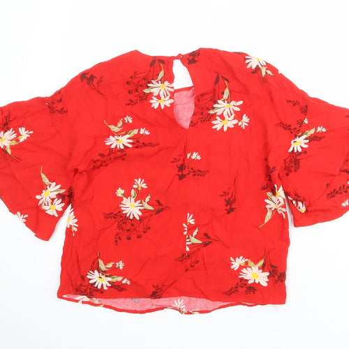 Warehouse Womens Red Floral Viscose Basic Blouse Size 8 Round Neck