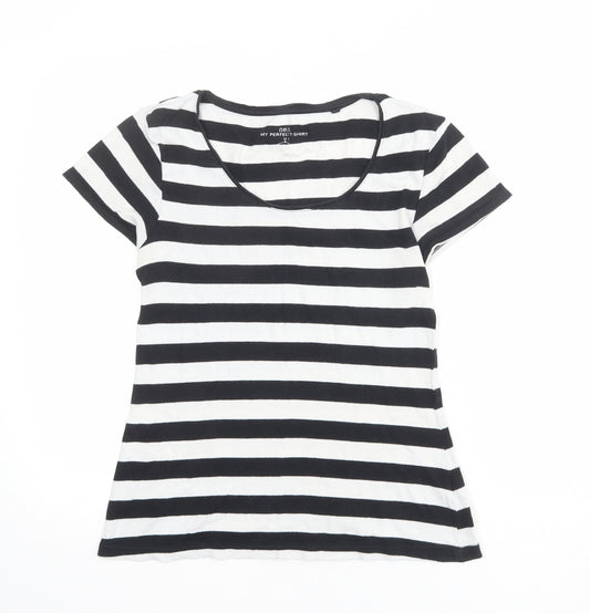 NEXT Womens Black Striped 100% Cotton Basic T-Shirt Size 14 Scoop Neck