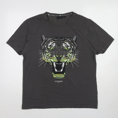 Alessandro Zavetti Mens Grey Cotton T-Shirt Size XL Round Neck - Tiger