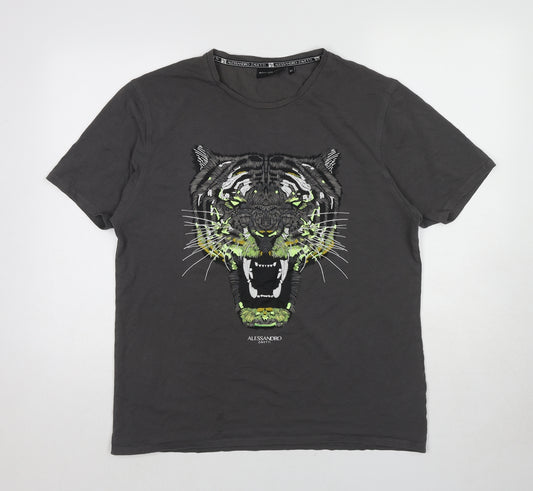 Alessandro Zavetti Mens Grey Cotton T-Shirt Size XL Round Neck - Tiger