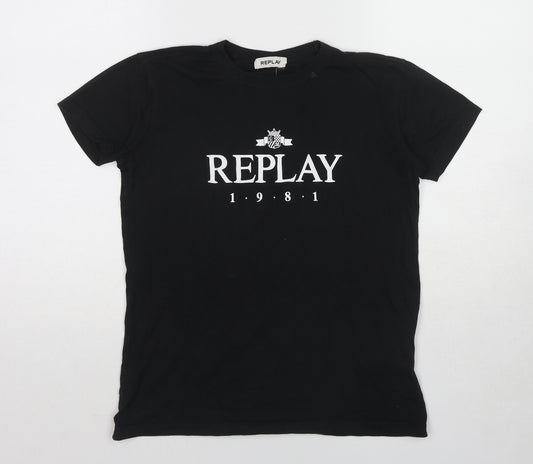 Replay Womens Black Cotton Basic T-Shirt Size M Round Neck