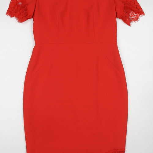 Coast Womens Red Polyester Sheath Size 12 V-Neck Zip - Lace Detail