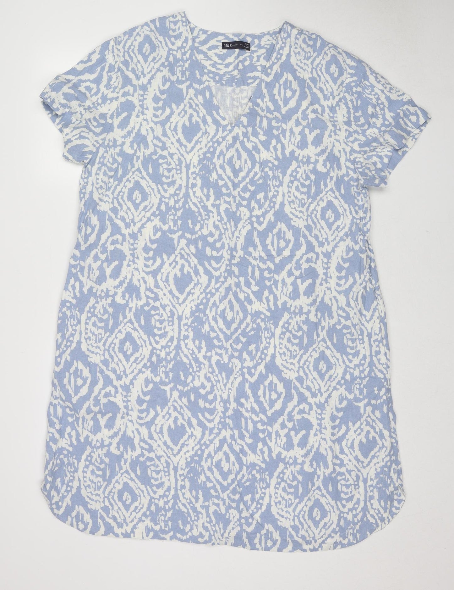 Marks and Spencer Womens Blue Geometric Linen Shift Size 18 V-Neck Pullover