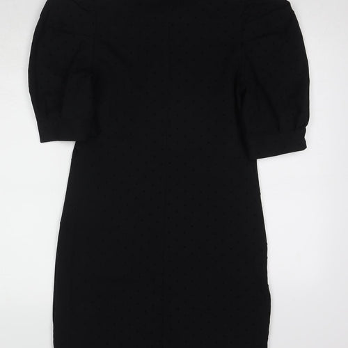 Dorothy Perkins Womens Black Polka Dot Cotton Pencil Dress Size 12 Mock Neck Zip - Puff Sleeve