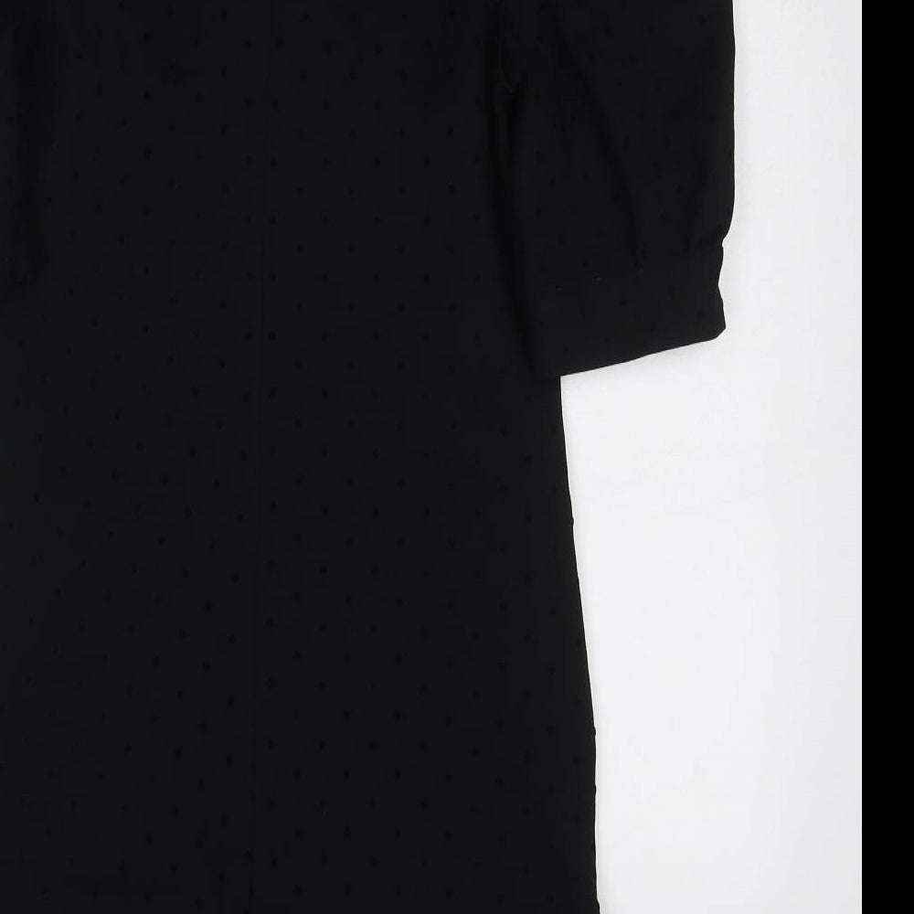 Dorothy Perkins Womens Black Polka Dot Cotton Pencil Dress Size 12 Mock Neck Zip - Puff Sleeve