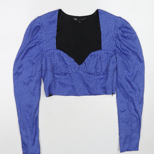 Zara Womens Blue Polka Dot Polyester Cropped Blouse Size S Sweetheart