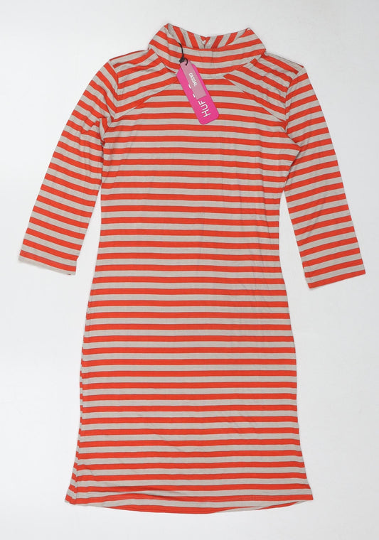 Huf&Dee Womens Red Striped Viscose T-Shirt Dress Size S High Neck Button