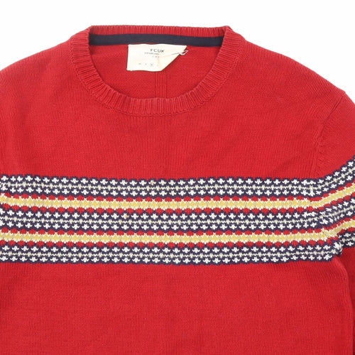 Fcuk Mens Red Round Neck Cotton Pullover Jumper Size M Long Sleeve