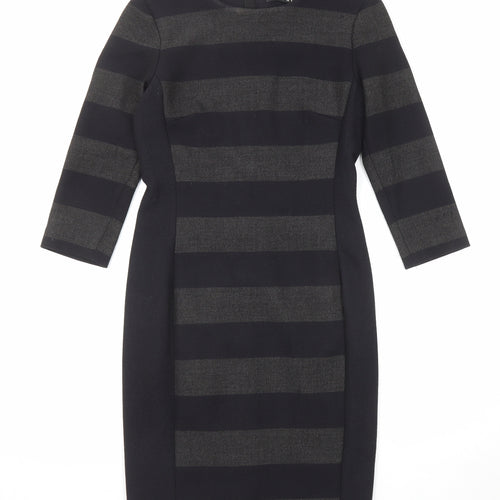Oui Womens Black Striped Polyester Shift Size 10 Round Neck Zip