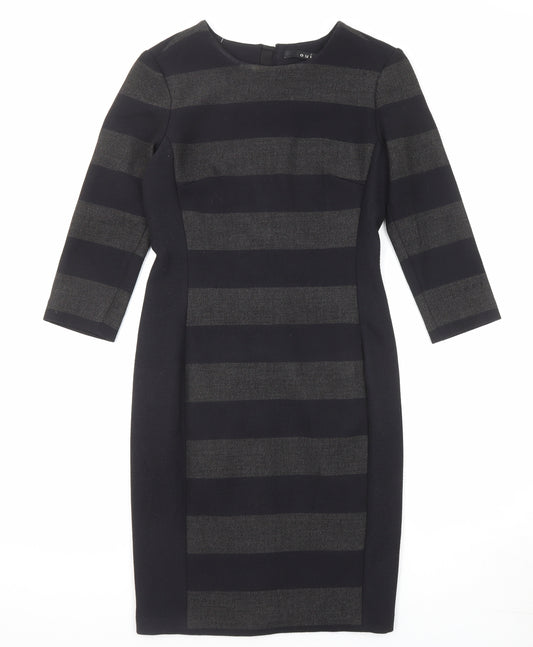 Oui Womens Black Striped Polyester Shift Size 10 Round Neck Zip