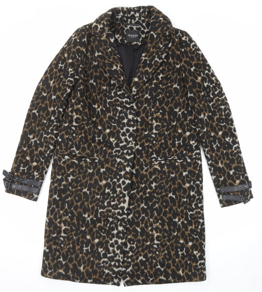 GUESS Womens Multicoloured Animal Print Overcoat Coat Size S Button - Leopard Print