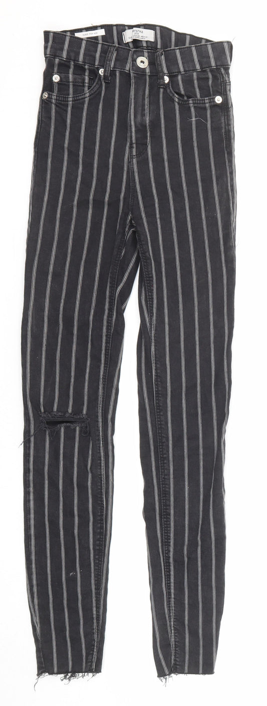 Bershka Womens Black Striped Cotton Skinny Jeans Size 4 L28 in Regular Zip - Waist 22 inches