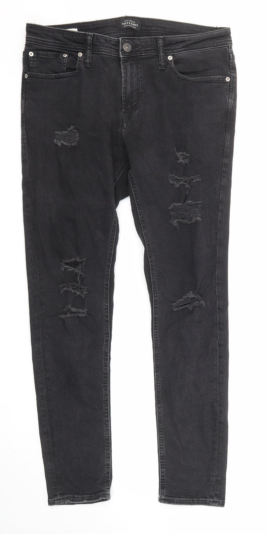 JACK & JONES Mens Black Cotton Skinny Jeans Size 34 in L30 in Regular Zip