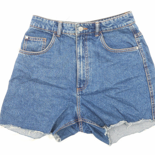 Zara Womens Blue Cotton Boyfriend Shorts Size 10 L4 in Regular Zip - Raw Hem
