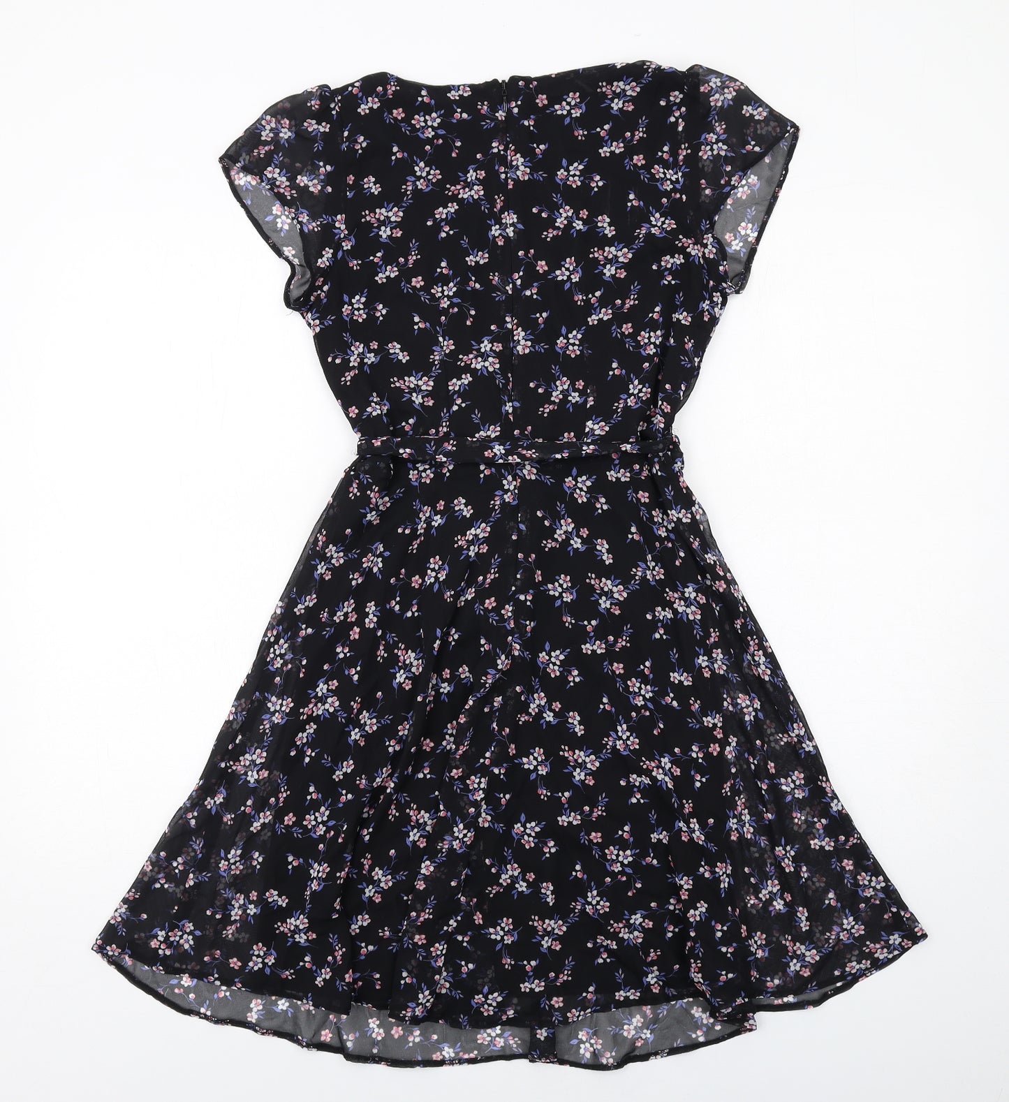 Dorothy Perkins Womens Black Floral Polyester Fit & Flare Size 10 V-Neck Zip