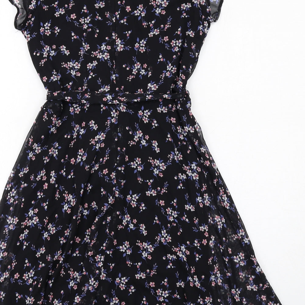 Dorothy Perkins Womens Black Floral Polyester Fit & Flare Size 10 V-Neck Zip
