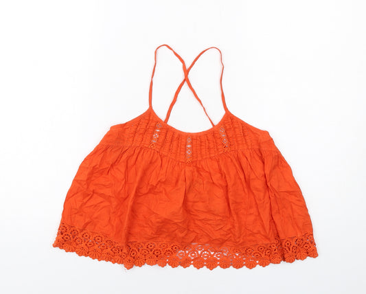 Topshop Womens Orange Cotton Basic Tank Size 8 Round Neck - Crochet Detail