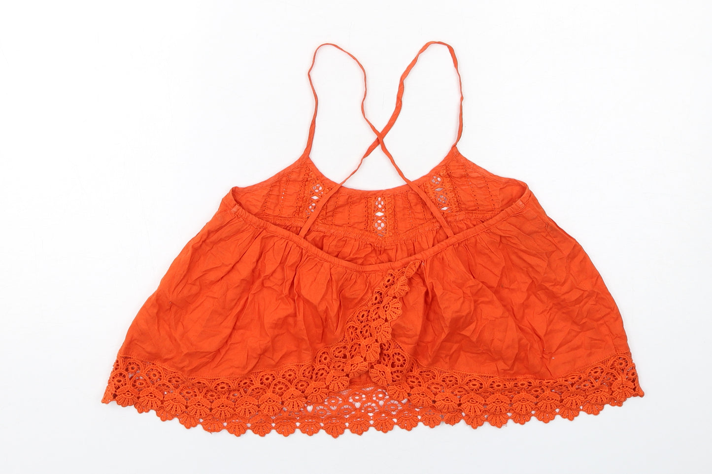 Topshop Womens Orange Cotton Basic Tank Size 8 Round Neck - Crochet Detail