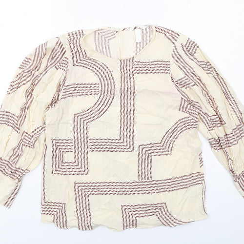 H&M Womens Ivory Geometric Viscose Basic Blouse Size 10 Round Neck