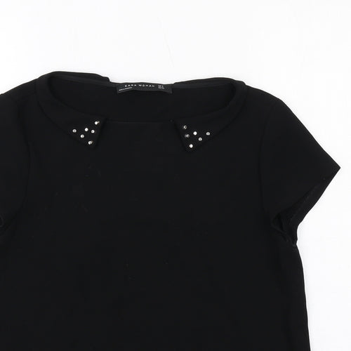 Zara Womens Black Polyester Basic Blouse Size S Collared