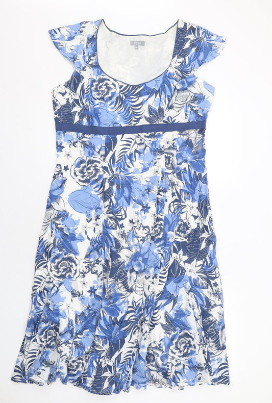 Per Una Womens Blue Floral Cotton A-Line Size 16 Scoop Neck Zip
