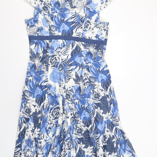 Per Una Womens Blue Floral Cotton A-Line Size 16 Scoop Neck Zip