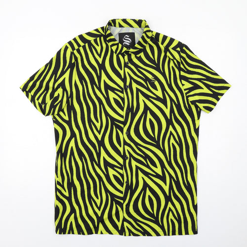 Sinner Sattire Mens Yellow Animal Print Polyester Button-Up Size L Collared Button - Tiger Print