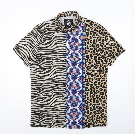 Sinner Sattire Mens Multicoloured Geometric Polyester Button-Up Size L Collared Button - Leopard Tiger Print
