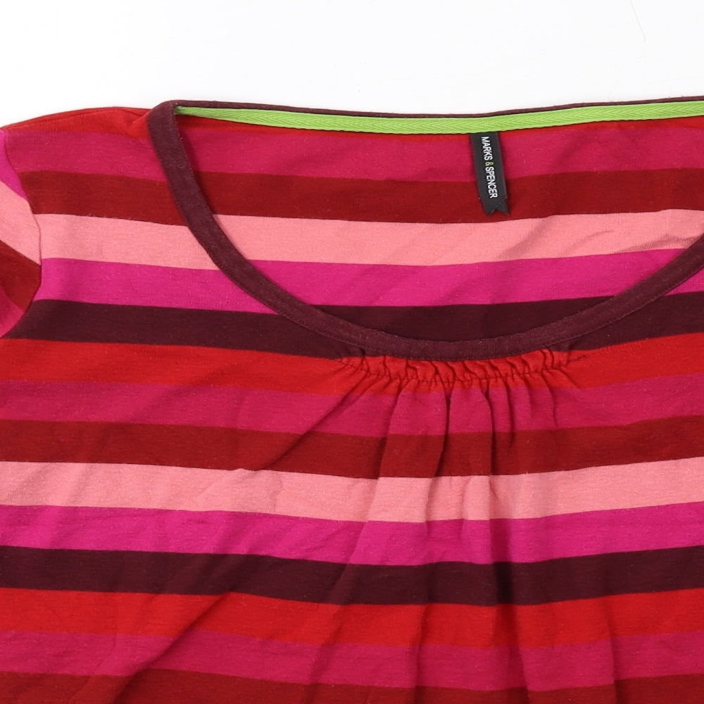 Marks and Spencer Womens Pink Striped Cotton Basic Blouse Size 14 Round Neck