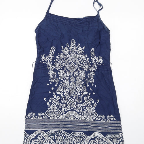 H&M Womens Blue Geometric Cotton Slip Dress Size 10 Square Neck Pullover