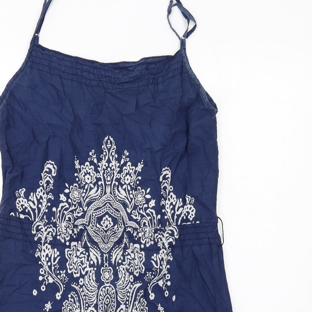 H&M Womens Blue Geometric Cotton Slip Dress Size 10 Square Neck Pullover