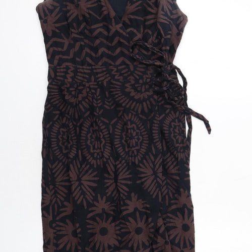 Emily and Fin Womens Black Geometric Cotton Wrap Dress Size S V-Neck Tie